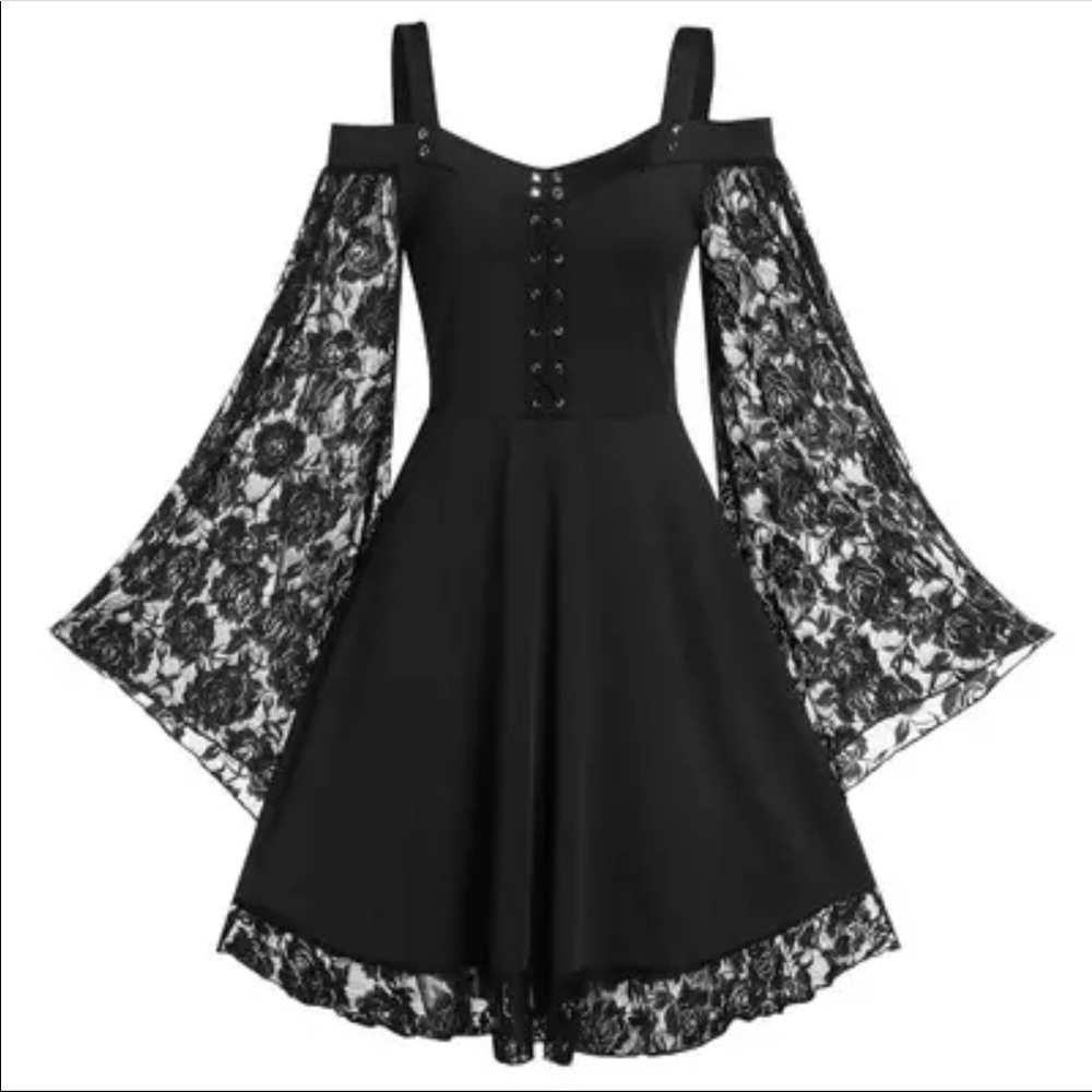 Gothic Bell Lace long sleeve Dress Plus Size Goth Ladies Dresses  US Size 2XL